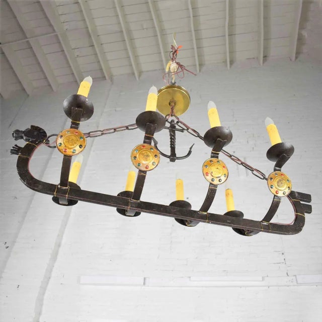 Antique Gothic or Spanish Revival Style Cast Iron Chandelier Viking Longboat Ship With Horse Head and Shields For Sale - Image 9 of 13