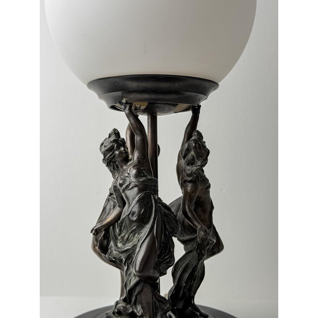 Art Nouveau Figurative Table Lamp with Etched Glass Globe, 1910 For Sale - Image 6 of 8