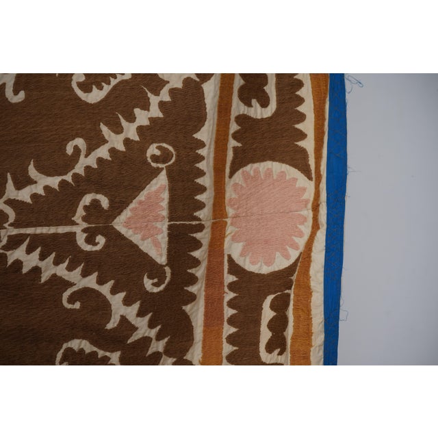 Boho Brown Suzani Throw, Hand Embroidered Tapestry, Neutral Orange Decor 7'5'' X 12'1'' For Sale In New York - Image 6 of 13