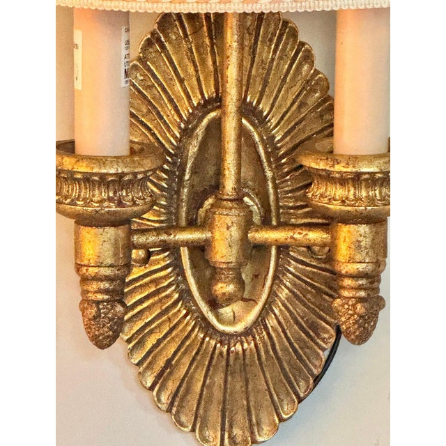 Ivory Stunning Pair of Pasquale Miranda for Feiss Neoclassical Sunburst Gilt Wall Sconces For Sale - Image 8 of 10