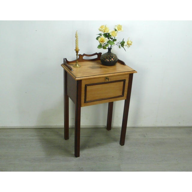 Antique console table / mini secretary / post office or cashier's table, made of light and dark oak with a sliding door...