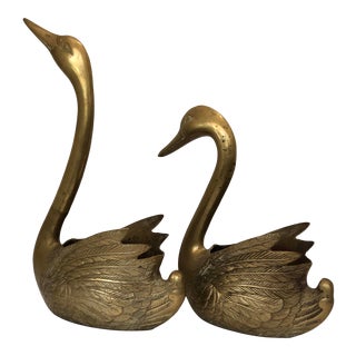 Mid Century Brass Swan Figural Planters - a Pair For Sale