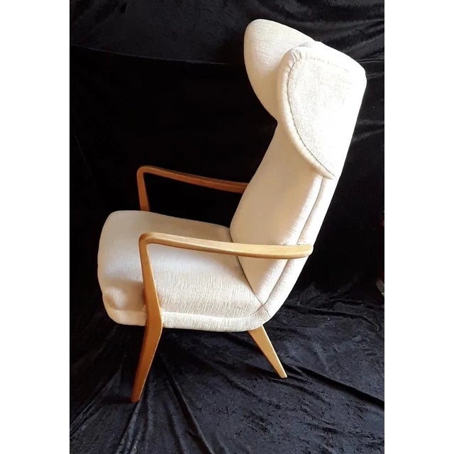 Wood Vintage Ahorn Wood Frame Beige Velour Fabric Cover Wing Chair, 1970s For Sale - Image 7 of 9