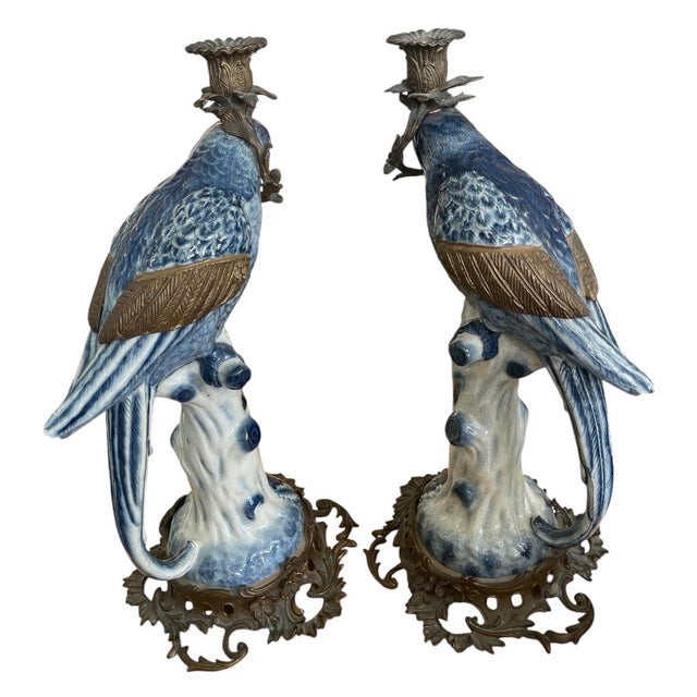 Hollywood Regency A Pair of Vintage Hollywood Regency Style Blue & White Ceramic Parrot Candle Holders For Sale - Image 3 of 12
