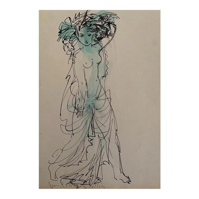 Madeleine Scellier, Girl, China Ink and Watercolor, 1955 For Sale