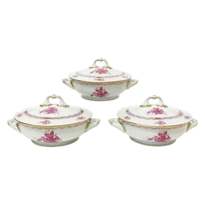 Chinese Bouquet Raspberry Porcelain Tureens with Handles from Herend, Set of 3