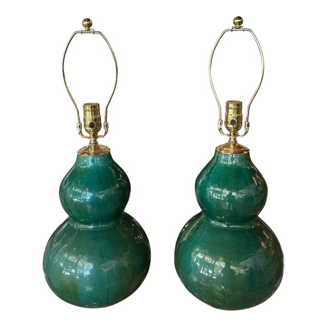 Vintage Pair Gourd Green Crackle Glaze Porcelain Table Lamps Newly Wired Brass For Sale