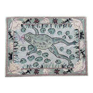 Late 20th Century Hooked Wool Folk Art Tapestry With Frog, Lilly Pads and Insects For Sale