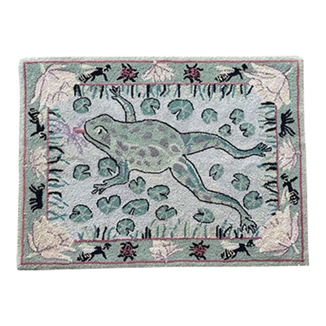 Late 20th Century Hooked Wool Folk Art Tapestry With Frog, Lilly Pads and Insects For Sale