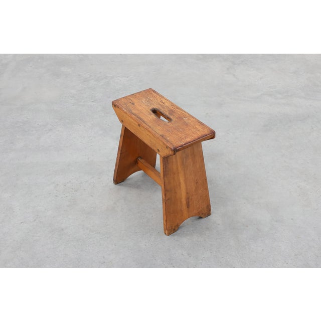 Wood Rustic Pine Stool with Cut-Out Trestle Legs, Sweden, 1920 For Sale - Image 7 of 17