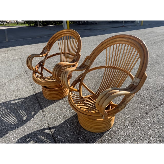 Vintage Rattan Swivel Rocker Lounge Chairs and One Ottoman Set For Sale - Image 18 of 18