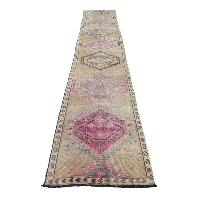 Mid 20th Century Extra Long Vintage Turkish Carpet Runner Pink Rug Runner For Sale