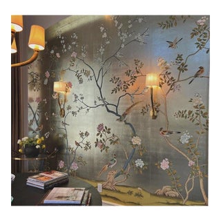 36"*96"/Panel, Hand-Painted Chinoiserie Birds and Flowers Wallpaper, Gilded Wallpaper For Sale