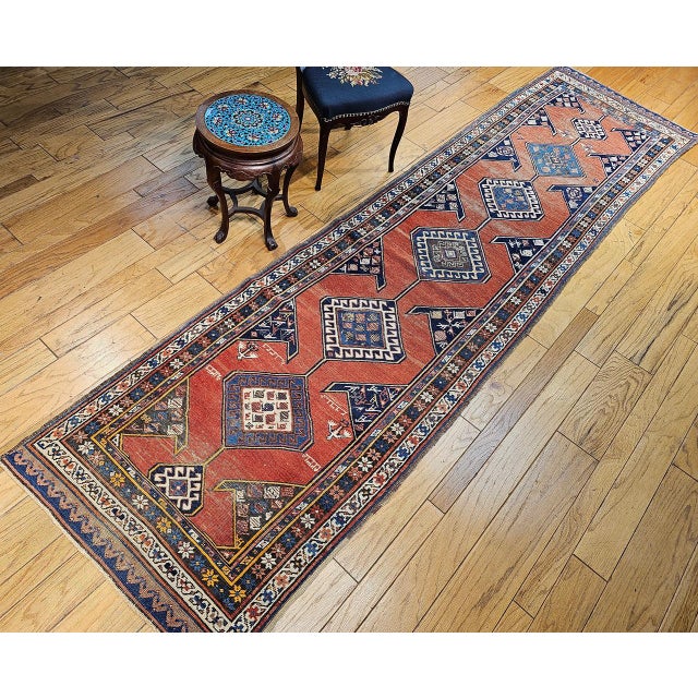 Textile Antique Persian Kurdish Bidjar Runner Rug, Hand-Knotted Wool, Geometric Pattern, Terracotta & Navy, 3x13 For Sale - Image 7 of 17