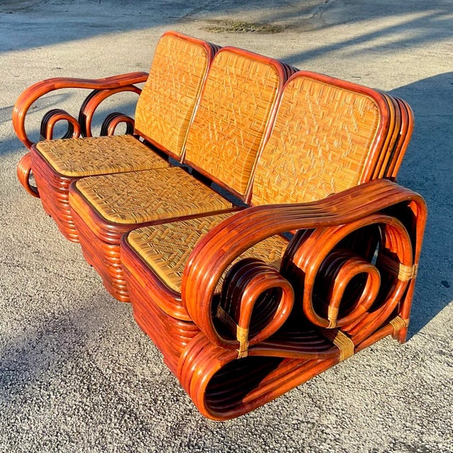 Wood Vintage Coastal Scroll Rattan With Woven Rattan Seats 3 Piece Sofa For Sale - Image 7 of 12