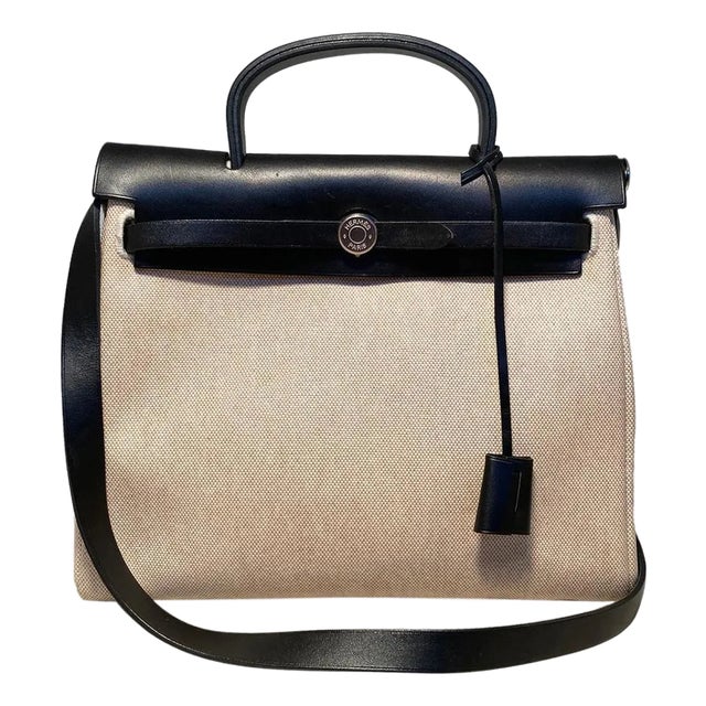 Hermes Black and Beige Canvas Herbag Tote For Sale