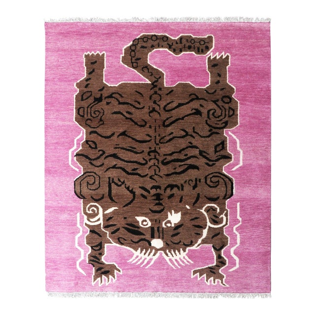 Hand-Knotted Le Tibetan Rug in Fuchsia - 2.6 X 10 For Sale