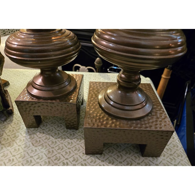 Mid-Century Modern Vintage Carolyn Kinder Copper Finish Hammered Metal Pillar Candle Holders For Sale - Image 3 of 9