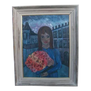 Mid Century Modern Portrait of Girl Holding Bouquet of Flowers