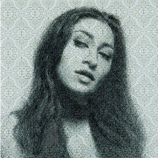 Sideways Glance by Mark Bradley Schwartz | Graphite Drawing of a woman's profile with patterned background For Sale