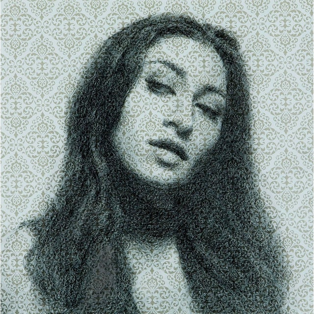 Sideways Glance by Mark Bradley Schwartz | Graphite Drawing of a woman's profile with patterned background For Sale