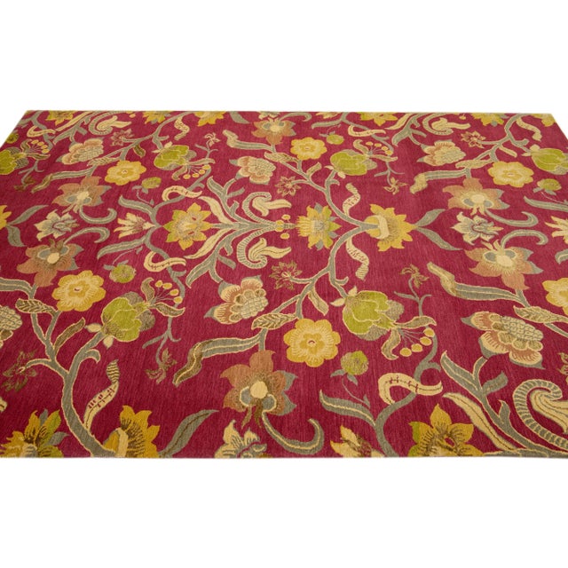 2010s 2010s Handmade Red Modern Nepalese Designed Floral Wool & Silk Rug For Sale - Image 5 of 7