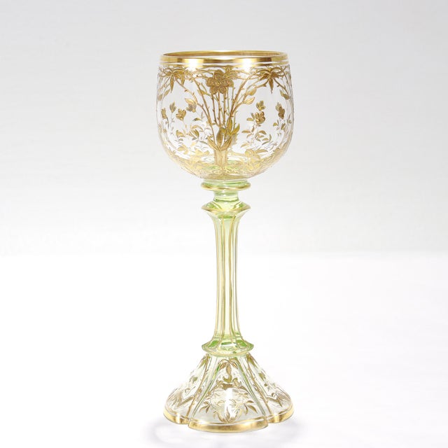 1900 Set of 6 Gilt German or Bohemian Art Nouveau Clear & Green Glass Wine Goblets For Sale - Image 9 of 18