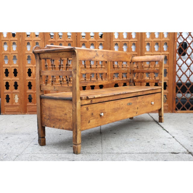 Amazing outstanding pine box bench has fluted grooves running the length of the top and bottom back rails. A broad central...