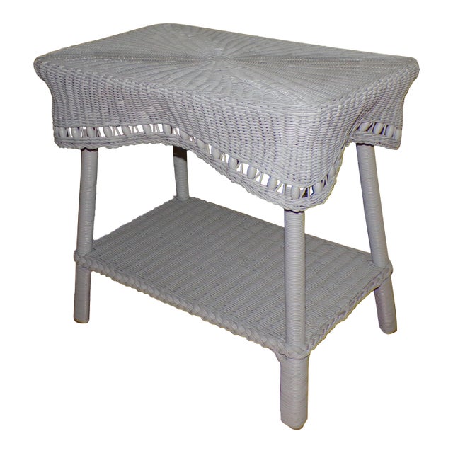 Vintage White Draped Wicker Rattan Sculpted Beaded Coffee Table Plant Stand For Sale