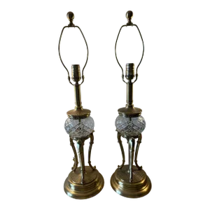 Late 20th Century Bombay Company Crystal and Brass Table Lamps - a Pair