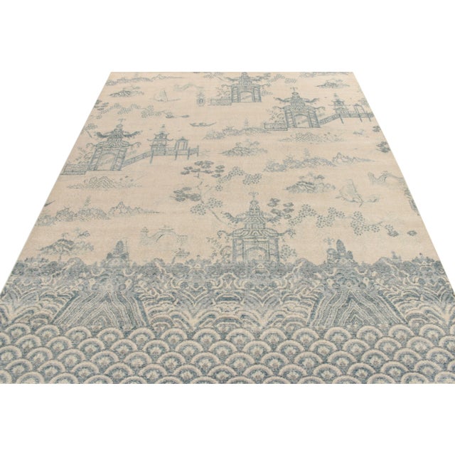Art Deco Rug & Kilim’s Oversized Pagoda Rug in Cream and Blue, 12x14 For Sale - Image 3 of 7