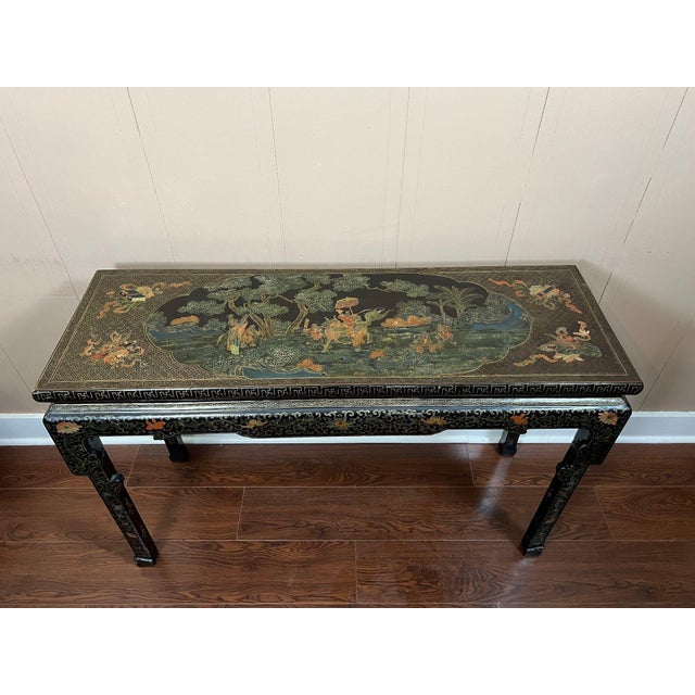 Vintage Chinese Console Table Black Lacquer Gilt Hand Painted Garden Scene c1950. A striking vintage Chinese black lacquer...