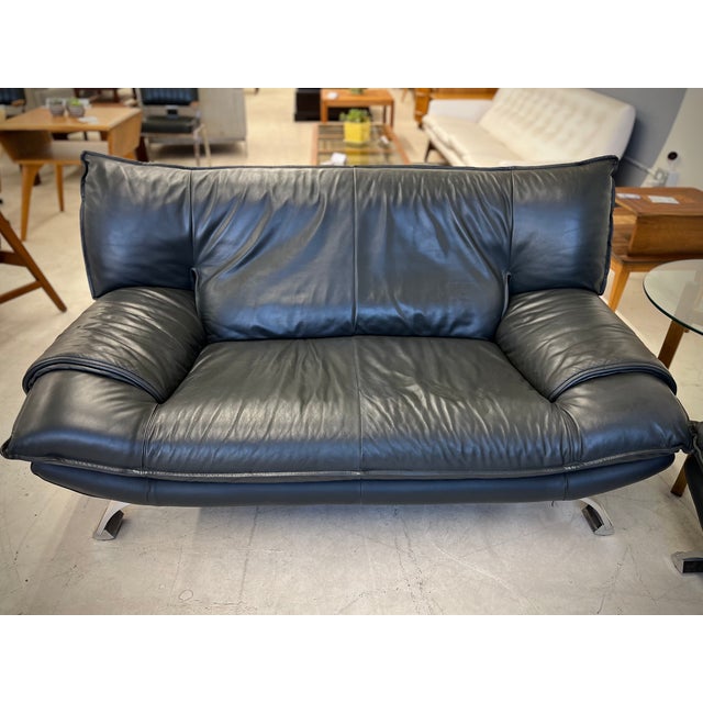 Nicoletti Salotti Italian Dark Gray/Black Leather Three Piece Set (Couch, Love Seat, Chair/Ottoman) For Sale - Image 4 of 7