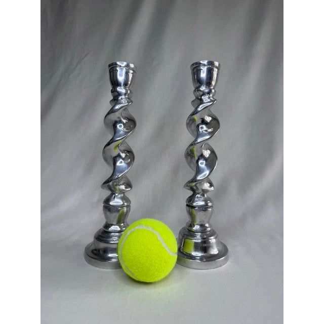 Silver Vintage English Traditional Barley Twist Silver Tone Candlesticks, a Pair For Sale - Image 8 of 8