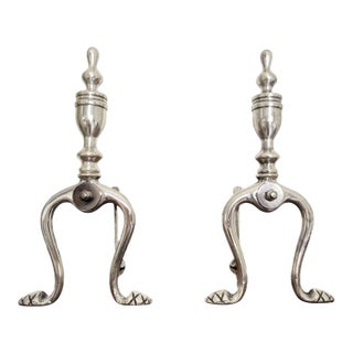 Pair of Brass Fireplace Andiron Set in Silver Antique Finish For Sale