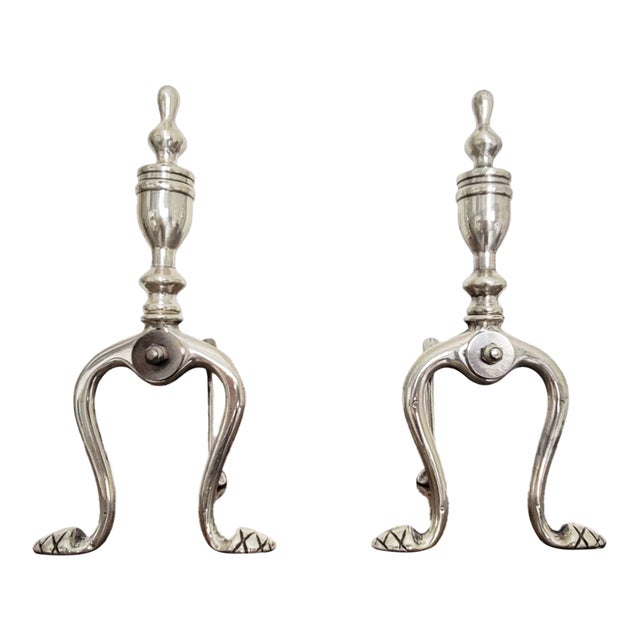 Pair of Brass Fireplace Andiron Set in Silver Antique Finish For Sale