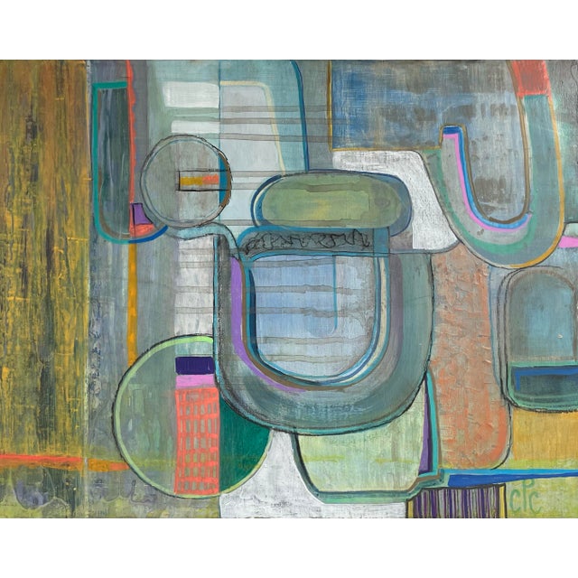 Small Abstract Geometric in Green, Acrylic on Board For Sale