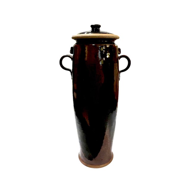 1970's Tall Hand-Crafted Stoneware Handled Jar With Lid by Ken Edwards - Montana For Sale - Image 12 of 12