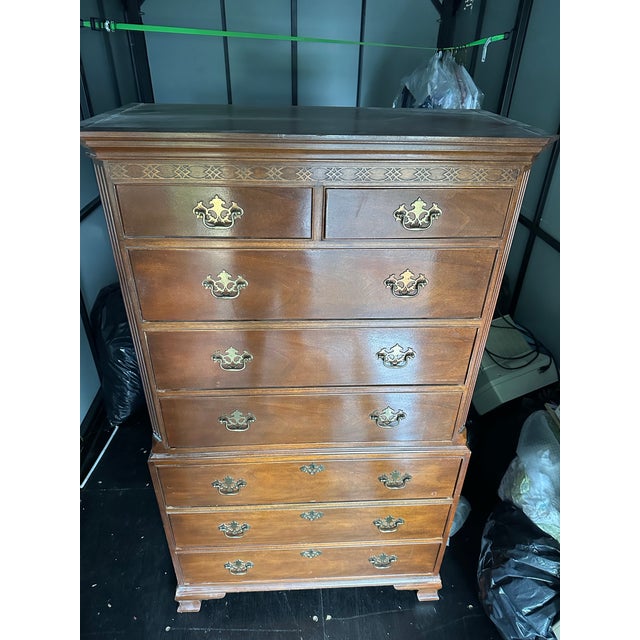 Vintage Baker Furniture Chest on Chest Highboy Dresser Brass 7 Drawer For Sale - Image 12 of 12