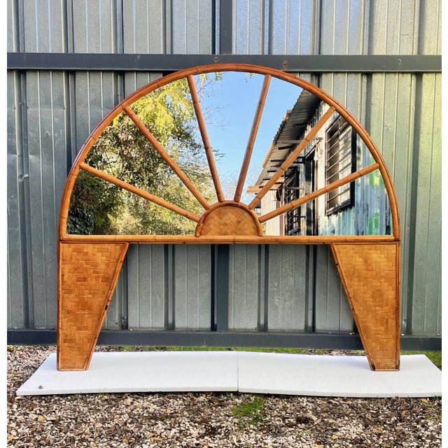 Rattan & Bamboo Arched Headboard With Mirror, Italy, 1960s For Sale - Image 4 of 8