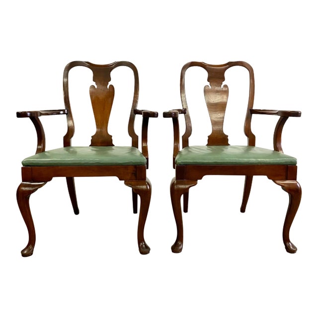 Vintage Queen Anne Wood and Vinyl Dining Arm Chairs - Pair For Sale