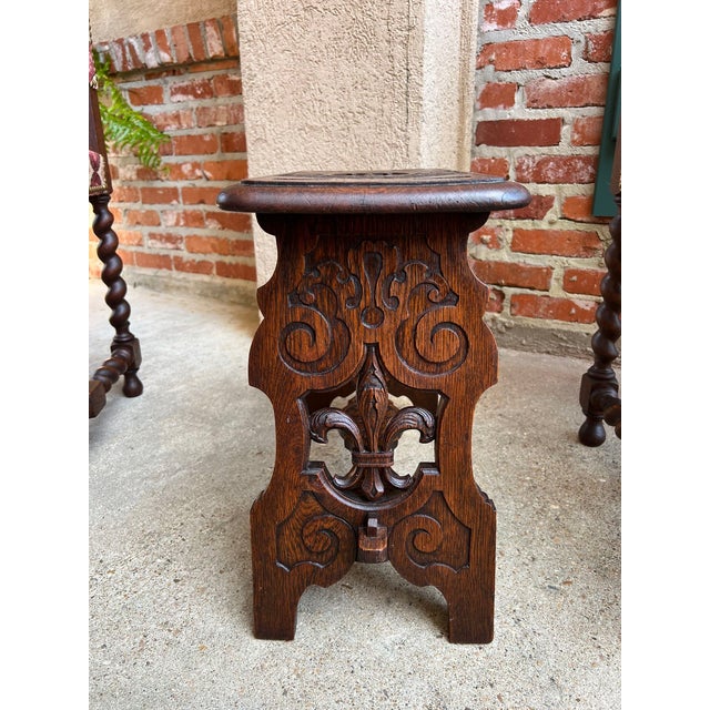 Antique French Bench Stool Gothic Renaissance Carved Oak Trestle Fleur De Lis For Sale In Dallas - Image 6 of 12