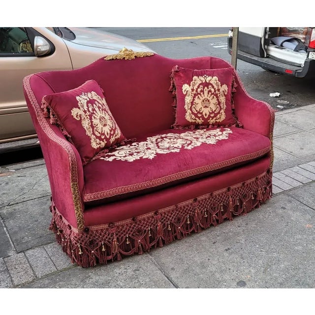 Back in stock Luxury One of a kind New Sofa Settee beautiful and very well made. Burgundy embroidered Velvet Fabric on the...