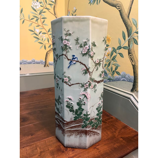 Japanese Late 19th Century Japanese Porcelain Celadon Hexagonal Umbrella Stand With Birds and Flowers For Sale - Image 3 of 12