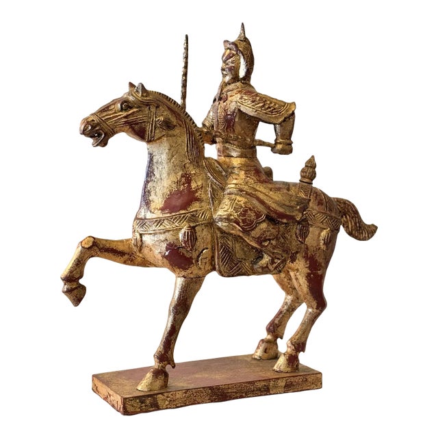 Vintage Tang Dynasty Style Chinese Gilded Wood Horse and Warrior Figure For Sale