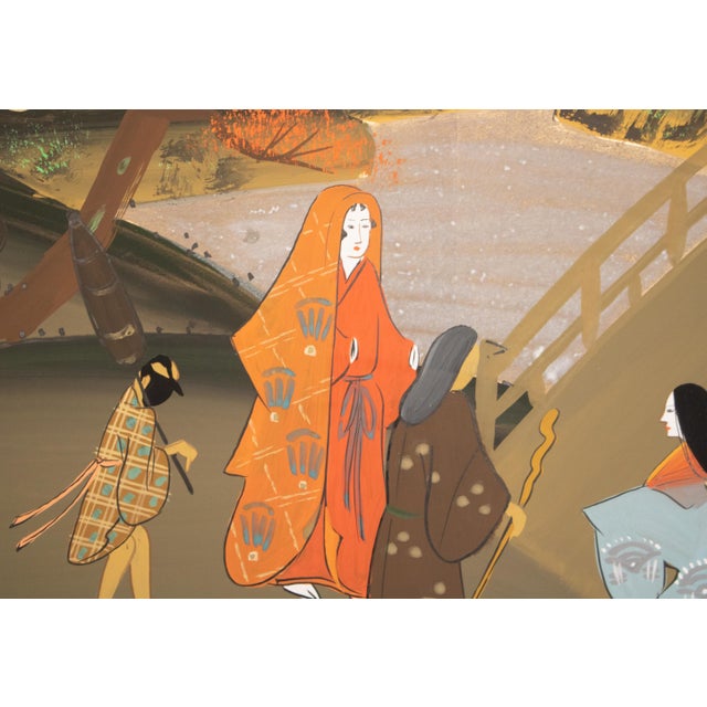 1960s Shōwa Era Japanese Byobu Screen "Autumn Festival Scene by the Bridge" For Sale In Dallas - Image 6 of 17