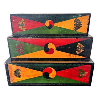 Set of Three Korean Stackable Sewing Box Covered in Hanji Paper For Sale