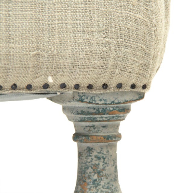 French Giselle Olive Stool - Natural Linen / Distressed Teal-Gray Painted Frame For Sale - Image 3 of 4