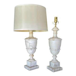 1950s Large Pair Italian Column Neoclassical Alabaster Table Lamps For Sale