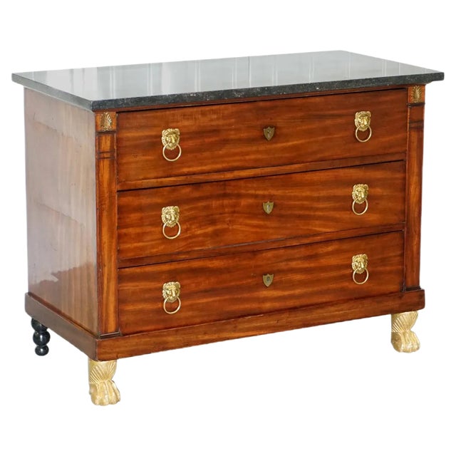 19th Century French Empire Marble Top Chest with Drawers & Lion Hairy Paw Feet For Sale